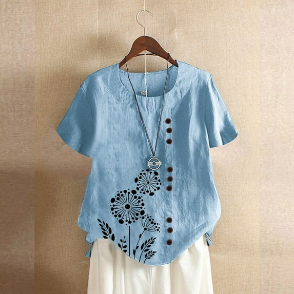 CaiJunJia T Shirts for Women,Loose T Shirts for Women Summer Tunic Tops Crew Neck Short Sleeve Cotton Linen Blend Blouse