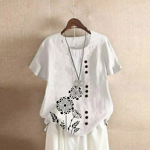 CaiJunJia T Shirts for Women,Loose T Shirts for Women Summer Tunic Tops Crew Neck Short Sleeve Cotton Linen Blend Blouse