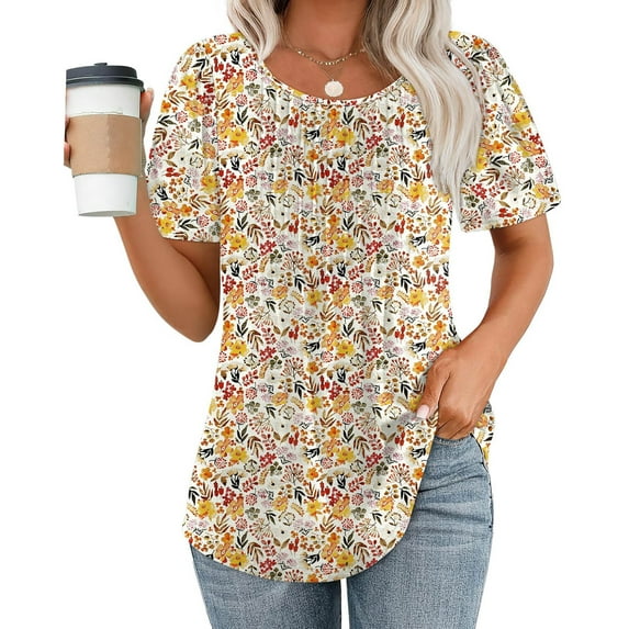 CaiJunJia T Shirts for Women,Short Sleeve Shirts for Women Summer Dressy Casual Tops Pleated Front