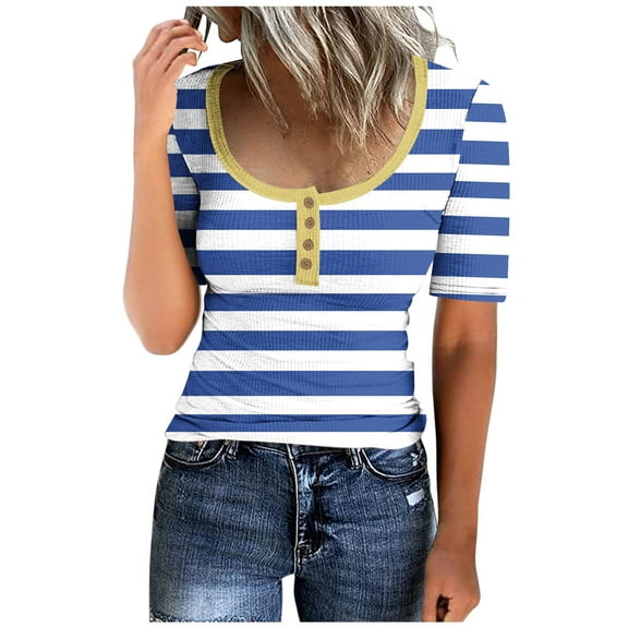 CaiJunJia T Shirts for Women,Womens Striped Short Sleeve Button T Shirts V Neck Cute Basic Tee Summer Tops Dressy Casual