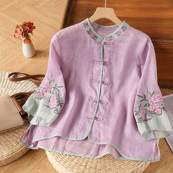 CaiJunJia Cotton Linen Blouses Summer Vintage Women's Shirt Loose 3/4 Sleeves Tops
