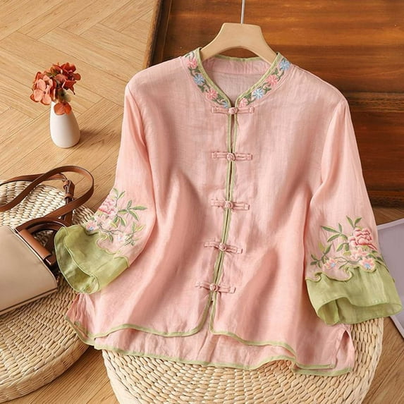 CaiJunJia Cotton Linen Blouses Summer Vintage Women's Shirt Loose 3/4 Sleeves Tops