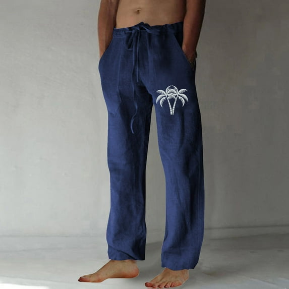 CaiJunJia George Men's Print Cotton Linen Casual Pants with Elastic Waistband - Soft, Breathable, and Loose-Fit Summer Pants