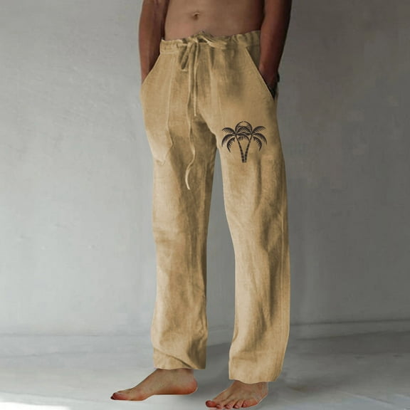 CaiJunJia George Men's Print Cotton Linen Casual Pants with Elastic Waistband - Soft, Breathable, and Loose-Fit Summer Pants