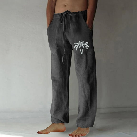 CaiJunJia George Men's Print Cotton Linen Casual Pants with Elastic Waistband - Soft, Breathable, and Loose-Fit Summer Pants