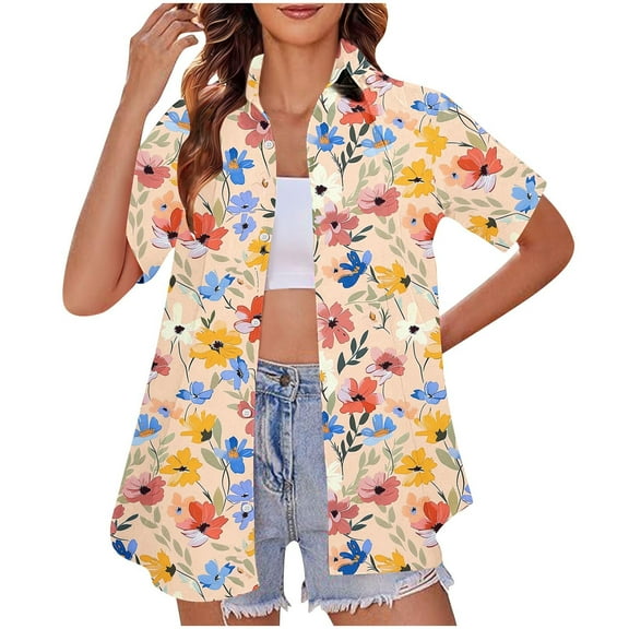 CaiJunJia Hawaiian Shirt for Women Plus Size Beach Shirts Summer Button Down Short Sleeve Tropical Tops
