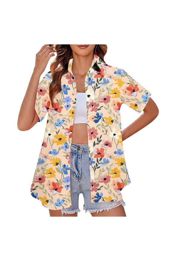 Hawaiian Shirt for Women Plus Size Beach Shirts Summer Button Down Short Sleeve Tropical Tops