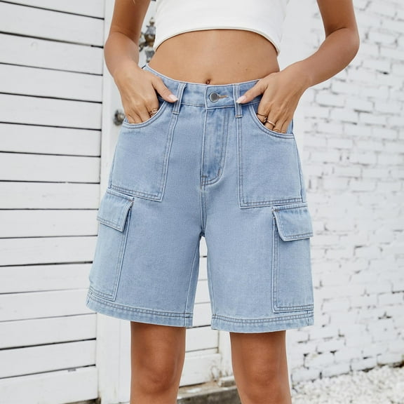 CaiJunJia Jean Shorts for Women Summer High Waisted Stretchy Shorts Casual Knee Length Cutoff Loose Fit Long Denim Shorts