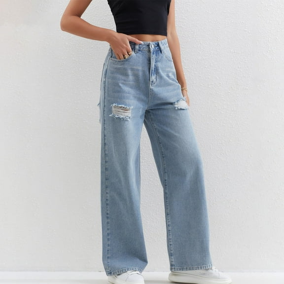 CaiJunJia Jeans for Women No Boundaries,Womens Straight Wide Leg Denim Pants Stretch Jeans with Pockets Button Casual Boyfriend Jeans Pant