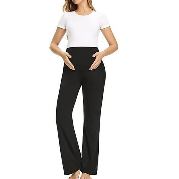 CaiJunJia Maternity Pants Over The Belly Yoga Dress Work Pregnancy Pants Stretchy Lounge Wide Leg Trousers with Pockets