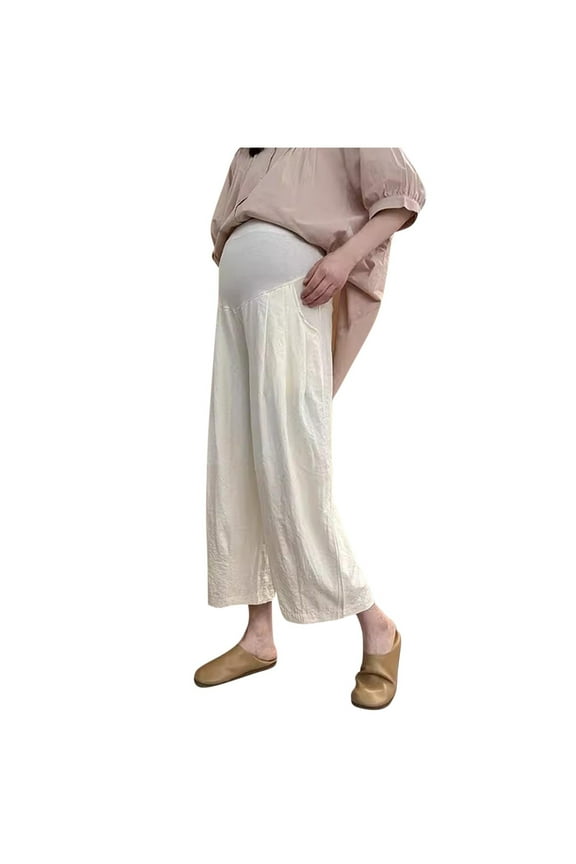 Maternity Wide Leg Pants Comfortable Stretch Over-Bump Women Cotton Pregnancy Casual Capris for Work