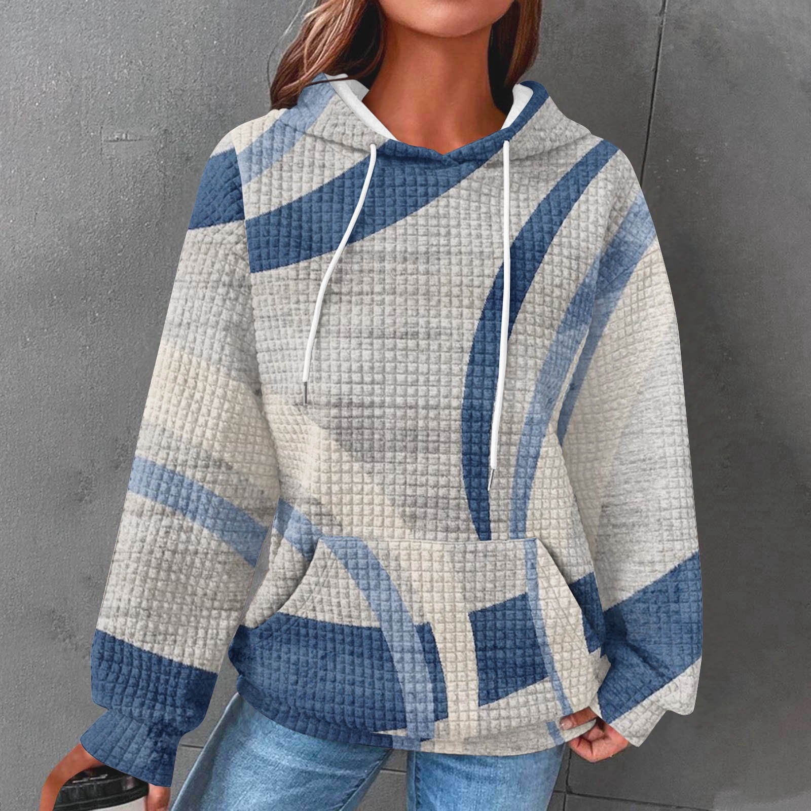 CaiJunJia No Boundaries Women Fall Waffle Basic Fleece Loose Hoodie Sweatshirt Winter Long Sleeve Kangaroo Pocket Drop Shoulder Pullovers Top