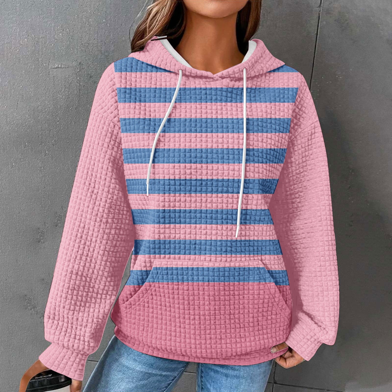 CaiJunJia No Boundaries Women's Waffle Hoodies Patchwork Pullover Fleece Color Block Long Sleeve Sweatshirts Casual Drawstring Tops with Pocket