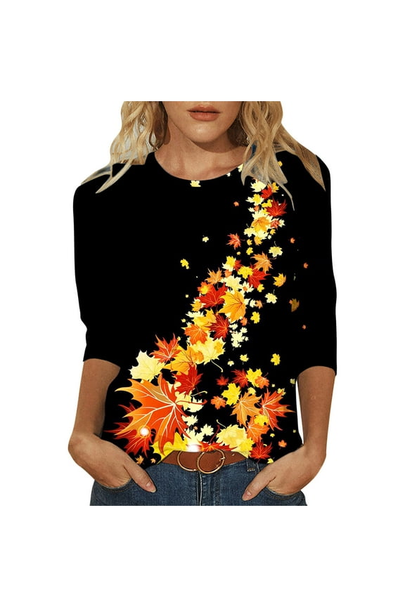 Plus Size Womens Tops ,3/4 Blouses for Women Maple Leaf Soft T-Shirt Summer Comfy Tunic Tops Short Sleeve Business Shirt Round Neck Basic Tees
