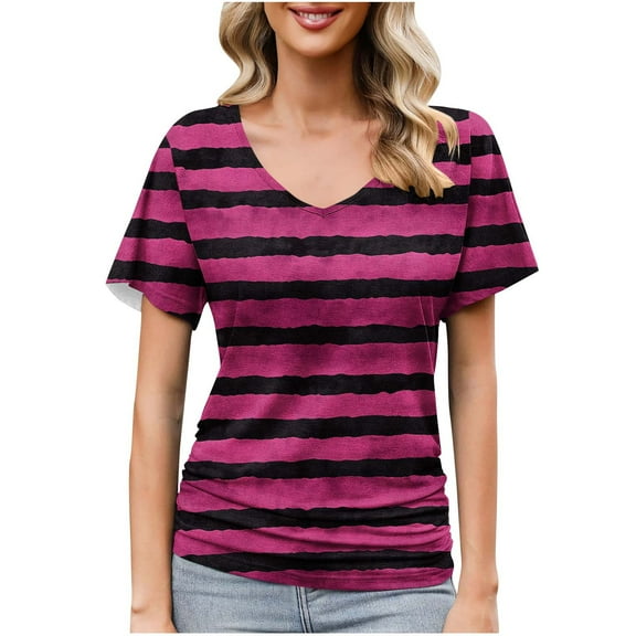 CaiJunJia Striped Short Sleeve Shirts for Women Summer Soft V Neck T shirts for Women Loose Fit Lightweight Basic Tee Tops