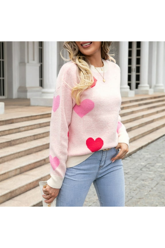 Sweaters for Women Fall Winter Women's Cute Love Print Patchwork Long Sleeve Round Neck Knitted Sweater