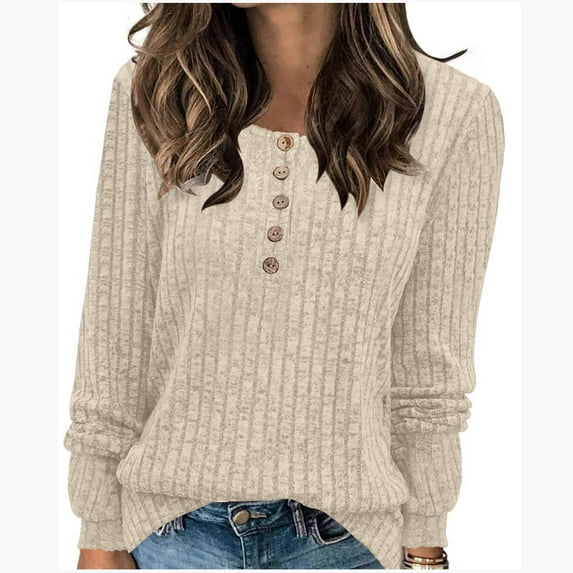 CaiJunJia Sweaters,Women's Winter Casual Solid Round Neck Long Sleeve Buttoned Knit Brushed Loose Sweater Top