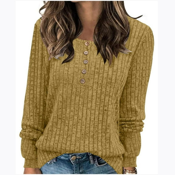 CaiJunJia Sweaters,Women's Winter Casual Solid Round Neck Long Sleeve Buttoned Knit Brushed Loose Sweater Top