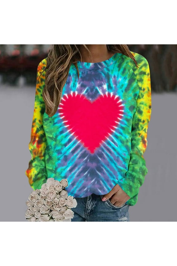 Sweatshirts , Women's Fall Soft Crew neck Sweatshirts Trendy Tie dye Lightweight Cropped Pullover Tops Long Sleeve Winter Sweat Shirts