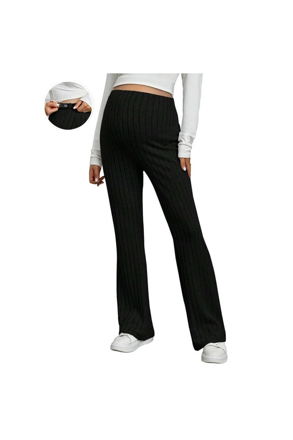 Wide Leg Maternity Work Pants Soft Pregnancy Knit Yoga Pants with Stretch Over The Belly