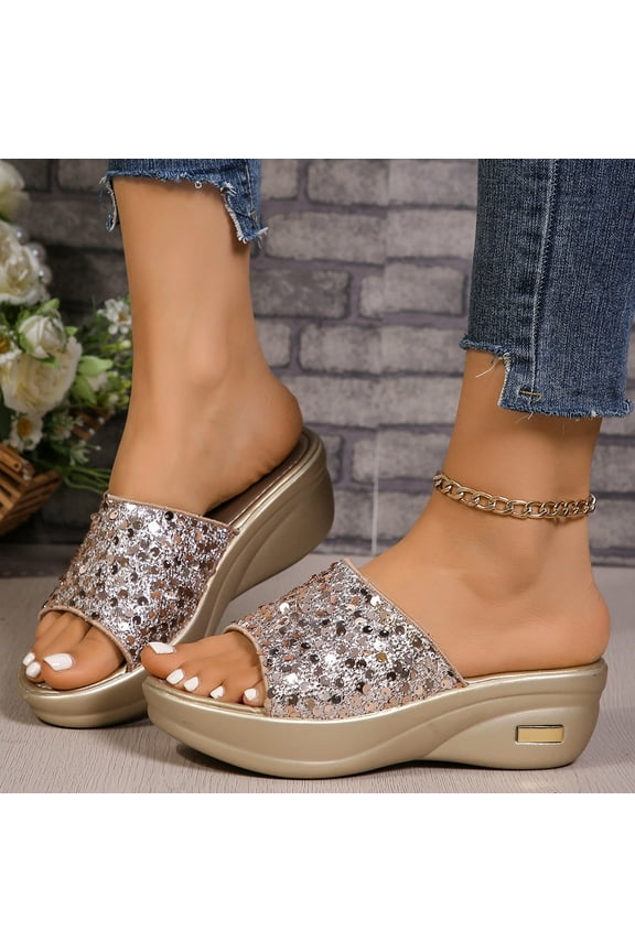 Women's Glitter Shiny Slide Sandals Sparkle Fancy Flat Slippers Slip-on Jeweled Shoes