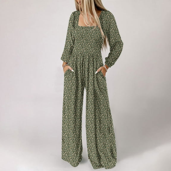 CaiJunJia Women's One Piece Jumpsuits Dressy Casual Long Sleeve Elastic Waist Pockets Wide Leg Long Pants Rompers