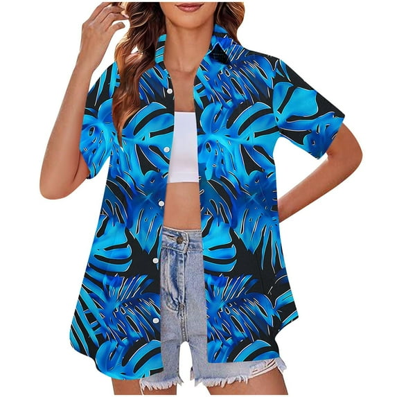 CaiJunJia Women's Plus Size Hawaiian Shirt Short Sleeves Coconut Printed Button Down Summer Beach Casual Shirts