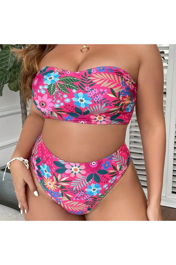 Women's Plus Size Strapless Swimsuits Wave Bandeau Bikini Two Piece Swimwear Cheeky Solid Lace up Bathing Suits