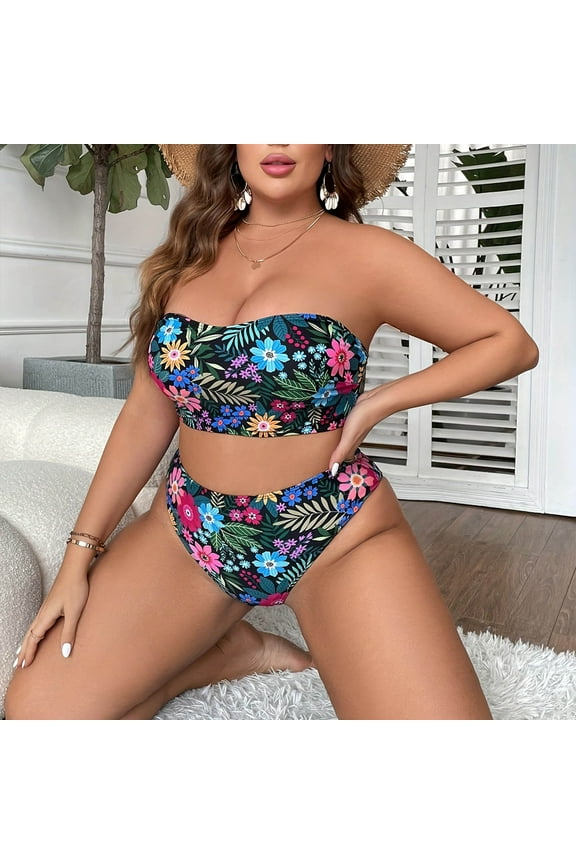 Women's Plus Size Two Piece Bandeau Swimsuit Ribbed Strapless Tube Bikini Top with Mid Waist Cheeky Bottom Bathing Suit
