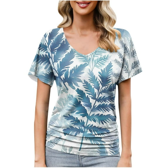 CaiJunJia Women's Summer Tops Fashion Deep V-Neck Short Sleeve Solid Casual Loose Basic T Shirt