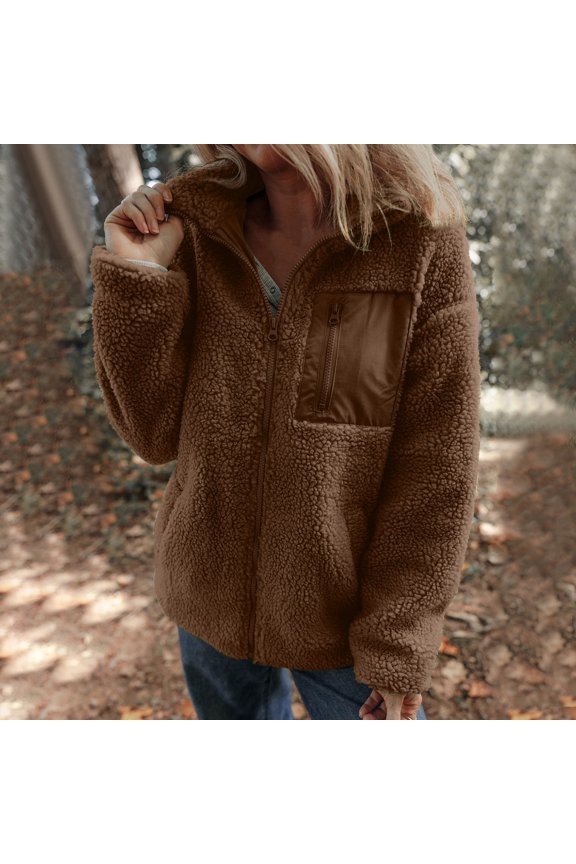Women's Zip Up Sherpa Fleece Pullover Jacket, Oversized Fuzzy Warm Sweatshirt with Pockets