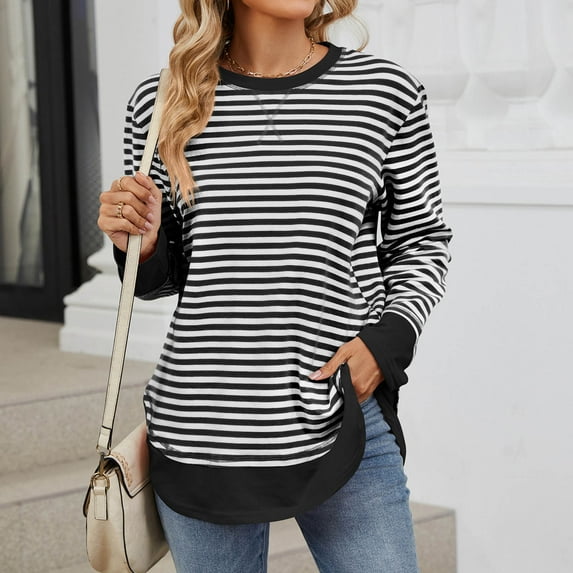 CaiJunJia Womens Crewneck Striped Pullovers Color Block Long Sleeve Side Split Tunic Tops