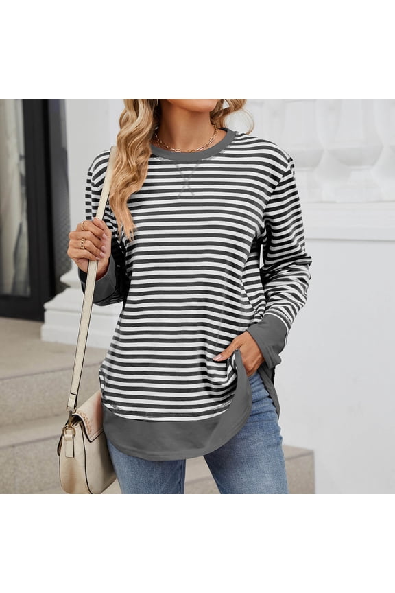 Womens Crewneck Striped Pullovers Color Block Long Sleeve Side Split Tunic Tops