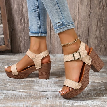 CaiJunJia Womens Crisscross Band Fashion Chunky Platform Block Mid Heel Sandal with Ankle Strap and Stud