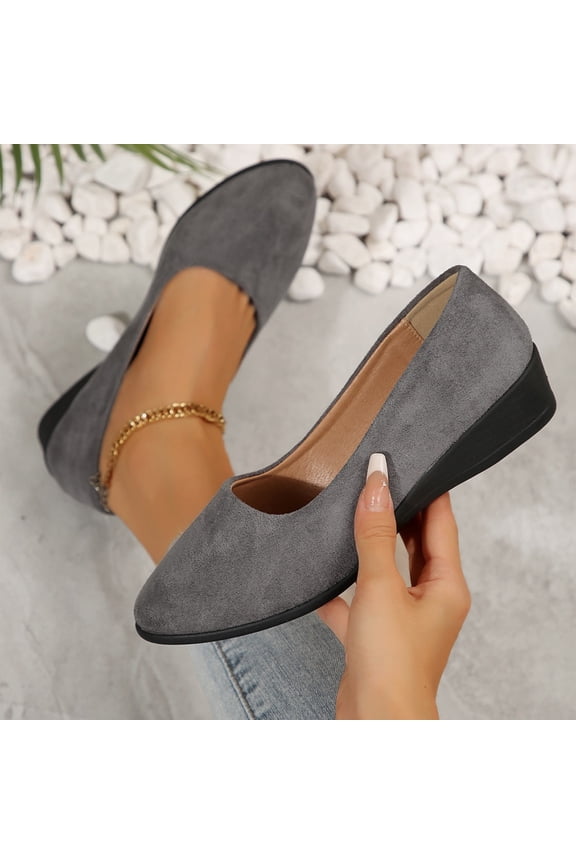 Womens Flats Shoes Solid Round Toe Dating Suede Casual Slip On Wedge Low Heel Pumps Shoes