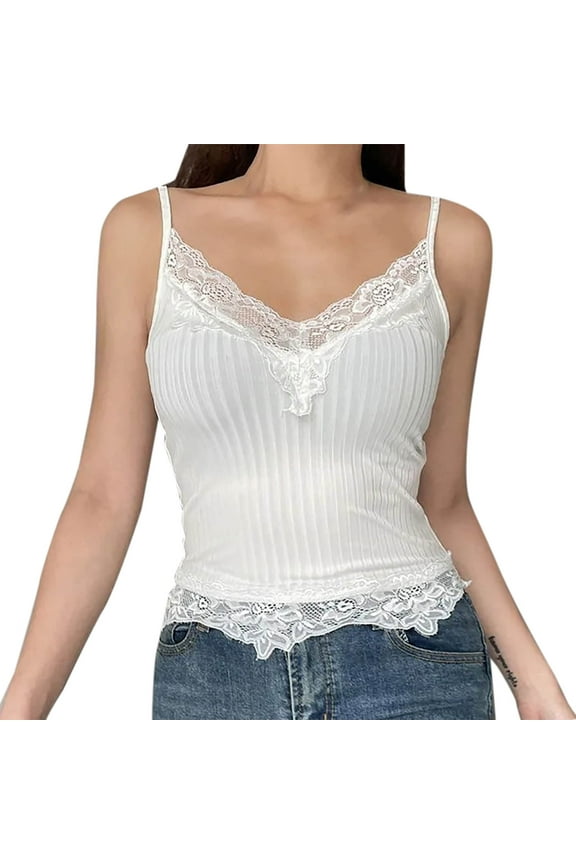 Womens Lace Camisole Ribbed Spaghetti Strap Tank Top Summer Y2K Undershirts Cami Tops