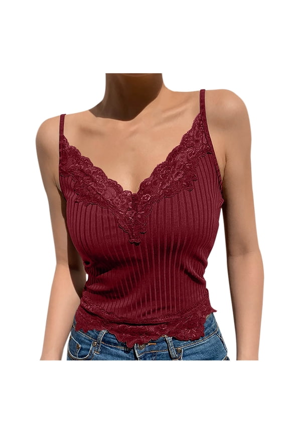 Womens Lace Camisole Ribbed Spaghetti Strap Tank Top Summer Y2K Undershirts Cami Tops