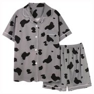 Women's Funny Print Satin Pajama Set – 2-Piece Short Sleeve Button Top & Shorts, Halloween & Loungewear Gift