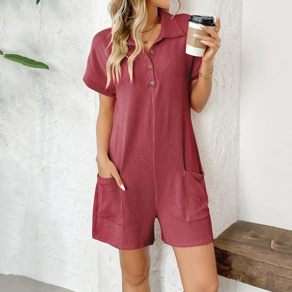 CaiJunJia Womens Short Sleeve Romper Casual Summer Cotton V Neck Button Down Short Jumpsuit