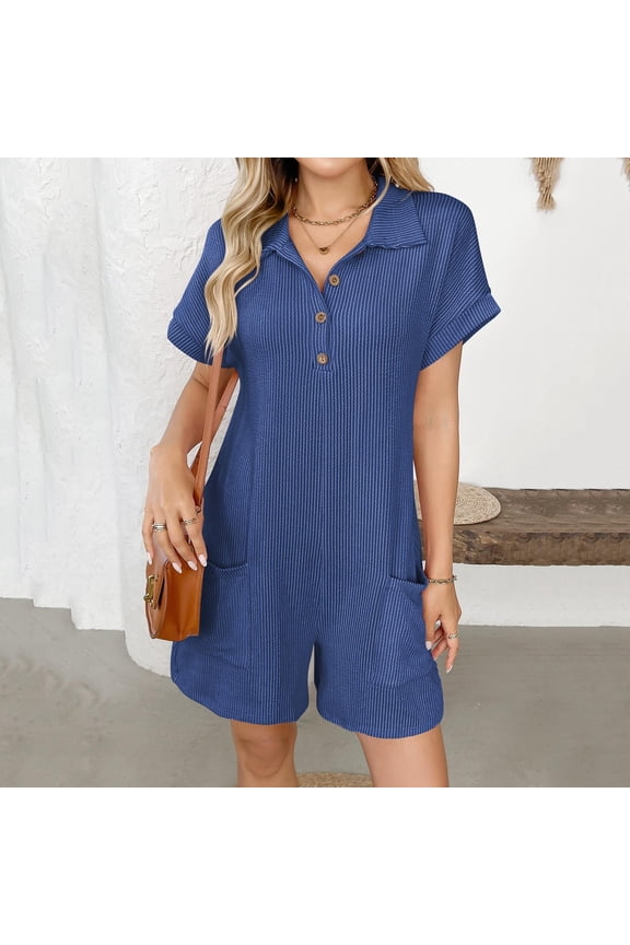 Womens Short Sleeve Romper Casual Summer Cotton V Neck Button Down Short Jumpsuit