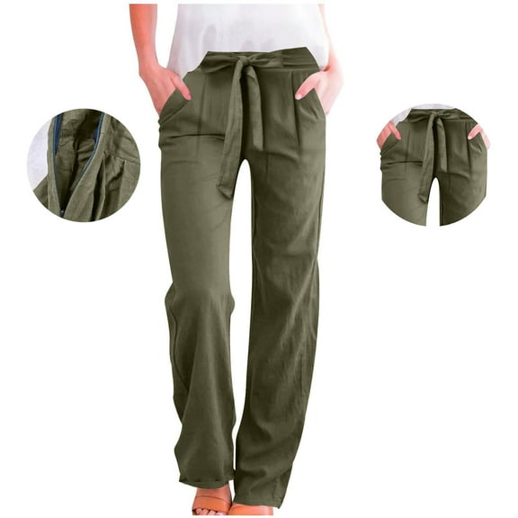 CaiJunJia Womens Summer Wide Leg Palazzo Pants High Waisted Adjustable Tie Knot Flowy Trousers Casual Loose Lounge Pant with Pockets