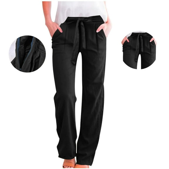 CaiJunJia Womens Summer Wide Leg Palazzo Pants High Waisted Adjustable Tie Knot Flowy Trousers Casual Loose Lounge Pant with Pockets