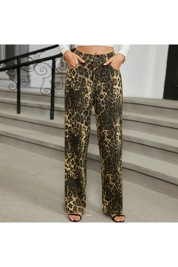Womens Y2k Leopard Print Jeans Pants Vintage Baggy Casual Wide Leg Jeans