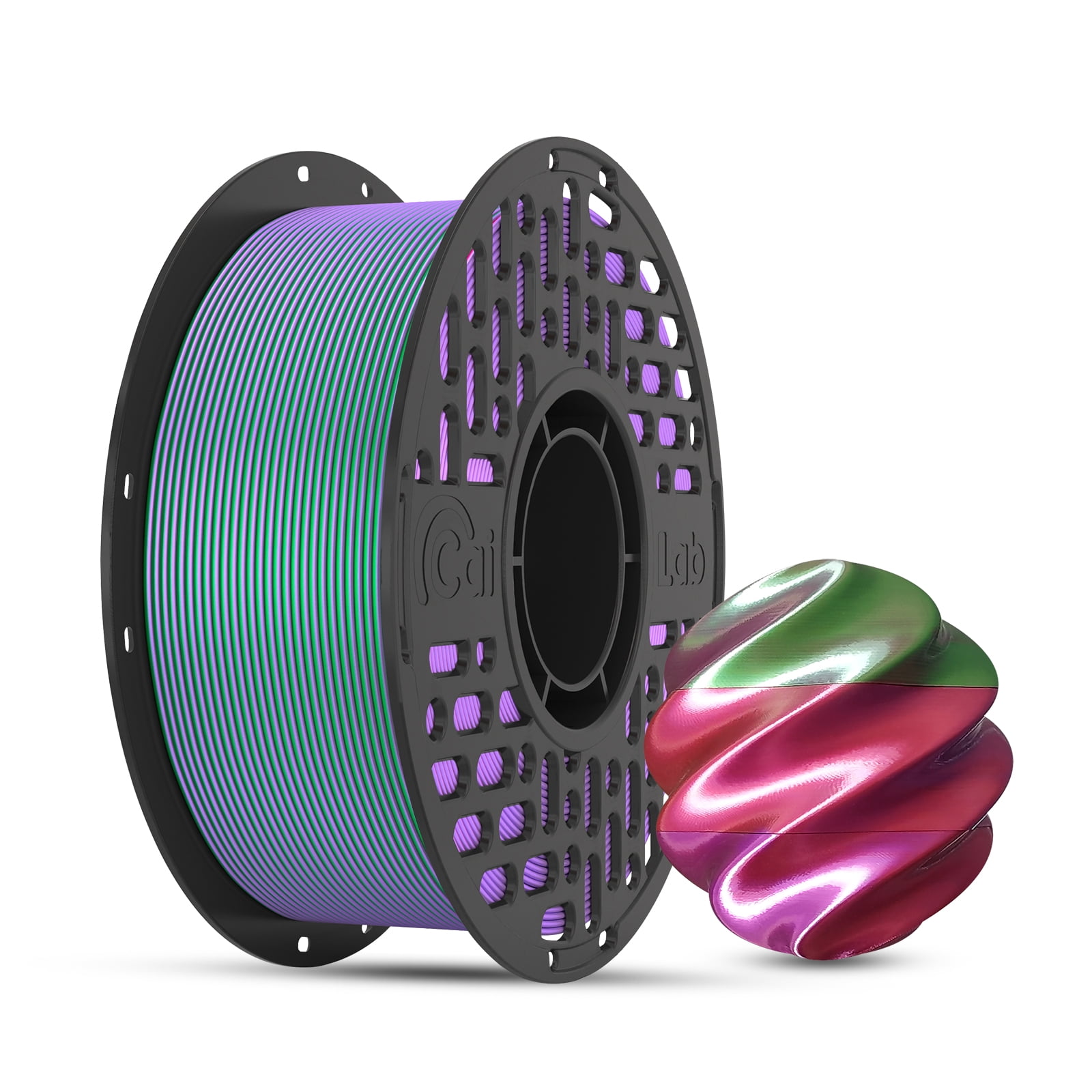 CaiLab Tri-Color PLA Silk 3D Printer Filament, 1.75mm, for Bambu FDM Printing, 2.2lbs(1KG) Spool,Green&Red&Purple