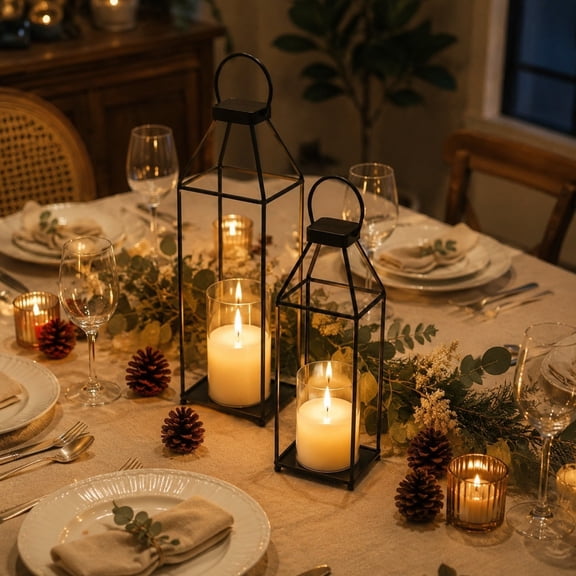 CaiTeLin 2 Pack Open Frame Black Metal Candle, LED Flameless Vintage Tall Tabletop Holder Lantern, Hanging for Wedding Patio Home Holiday Party Indoor Outdoor Seasonal Celebration Decor