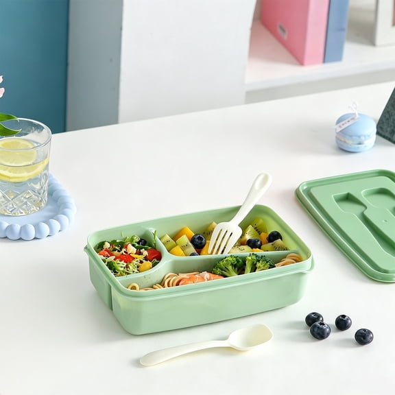 CaiTeLin 3 Compartment Plastic Lunch Box Bento, Built In Spoon and Fork Portable Food Container, Microwave Safe Meal Prep Box for Office, School, Picnic, Travel, Kitchen, Daily Lunch Use
