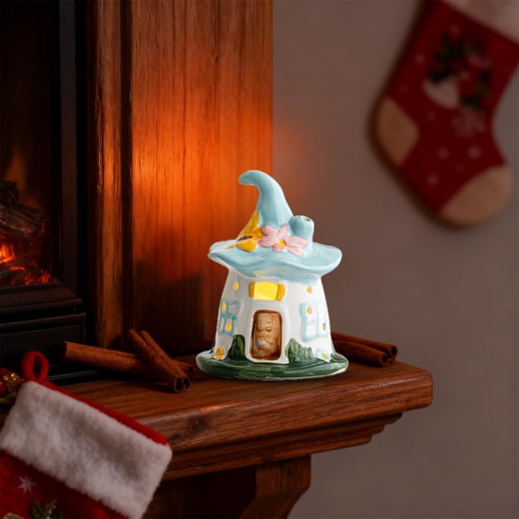 Elainilye Ceramic Night Light, Christmas Magic House Desktop Ornament, Glowing Decor for Home Christmas Gifts Scene Layout, Warm White Illumination, Blue