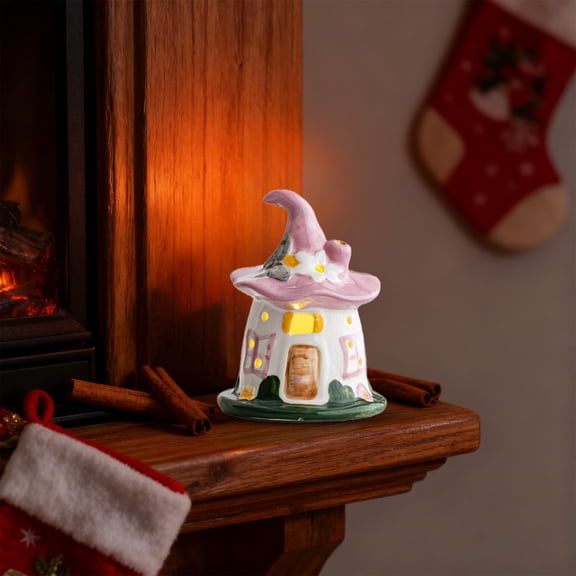 Elainilye Ceramic Night Light, Christmas Magic House Desktop Ornament, Glowing Decor for Home Christmas Gifts Scene Layout, Warm White Illumination, Purple