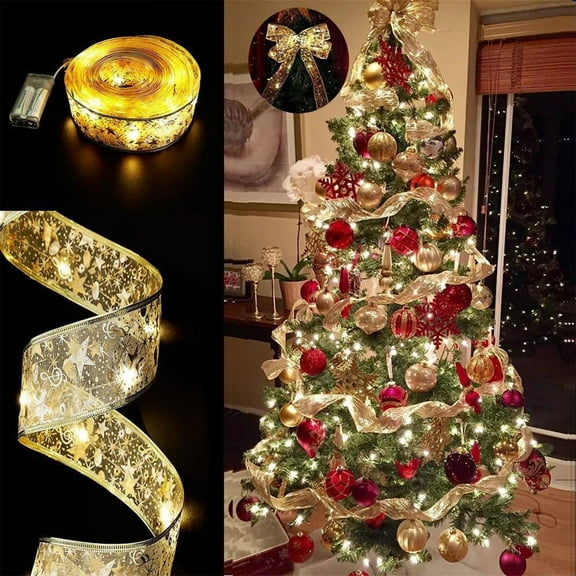 CaiTeLin Christmas Ribbon LED Light String Christmas Decorations Christmas Tree Decoration Pendants Gifts Gold Stamped Double Layer Ribbon,Living Room