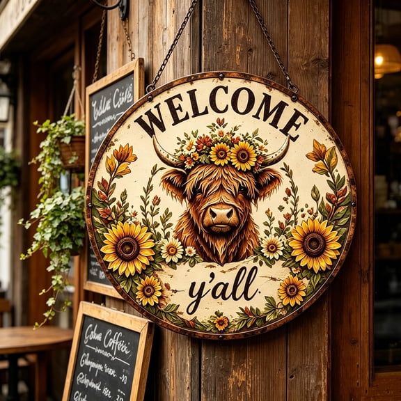 CaiTeLin Cow Welcome Sign 8 Inch Round Metal, Sunflower Wall Decor Wreath Hanging Vintage, Welcome Sign for Front Door Porch Entryway, Home, Farmhouse, Ranch, Outdoor Display